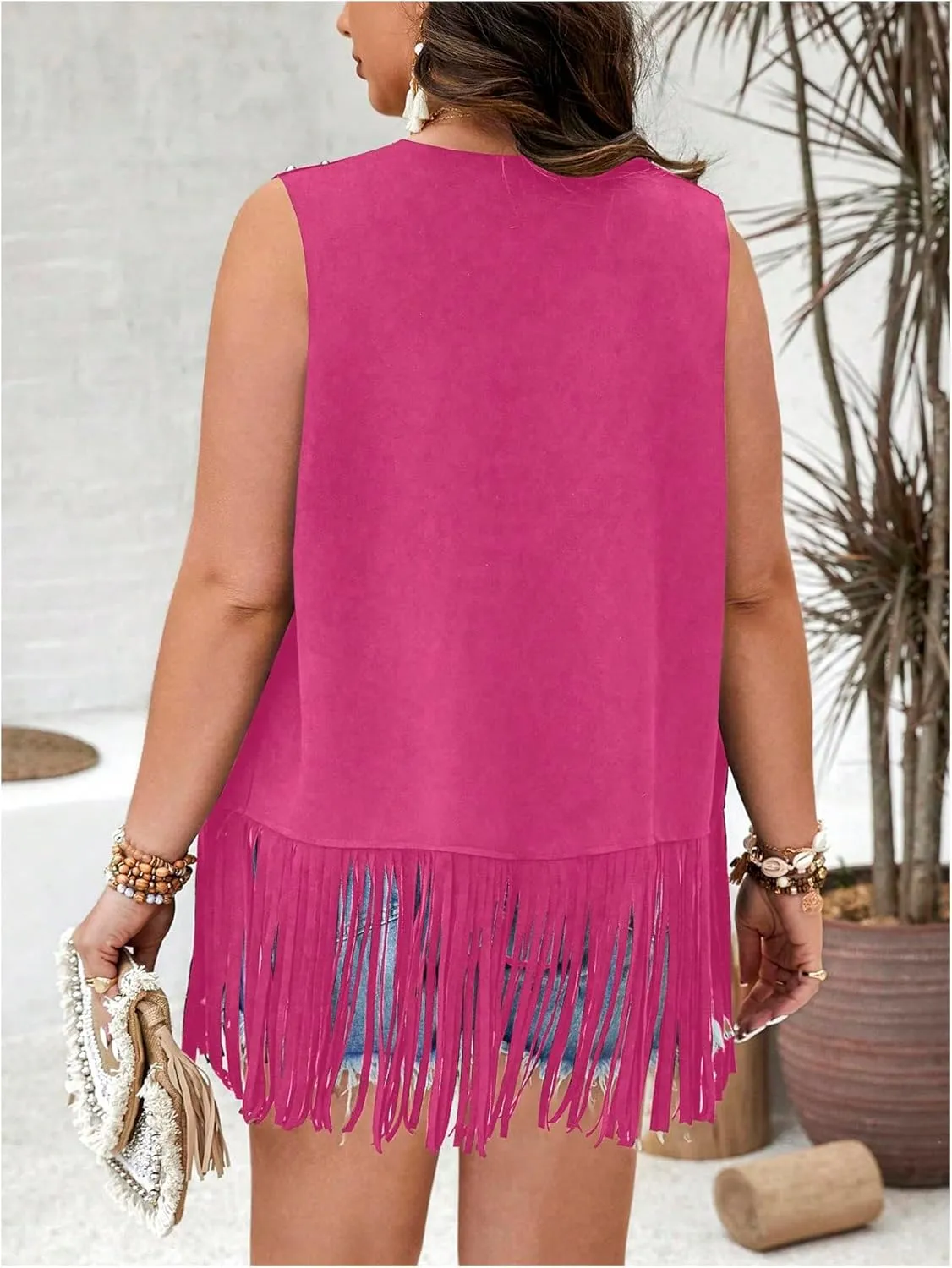 GORGLITTER Women's Plus Size Fringe Vest Cowgirl Western Outfits Rivets Sleeveless Tassel Jacket