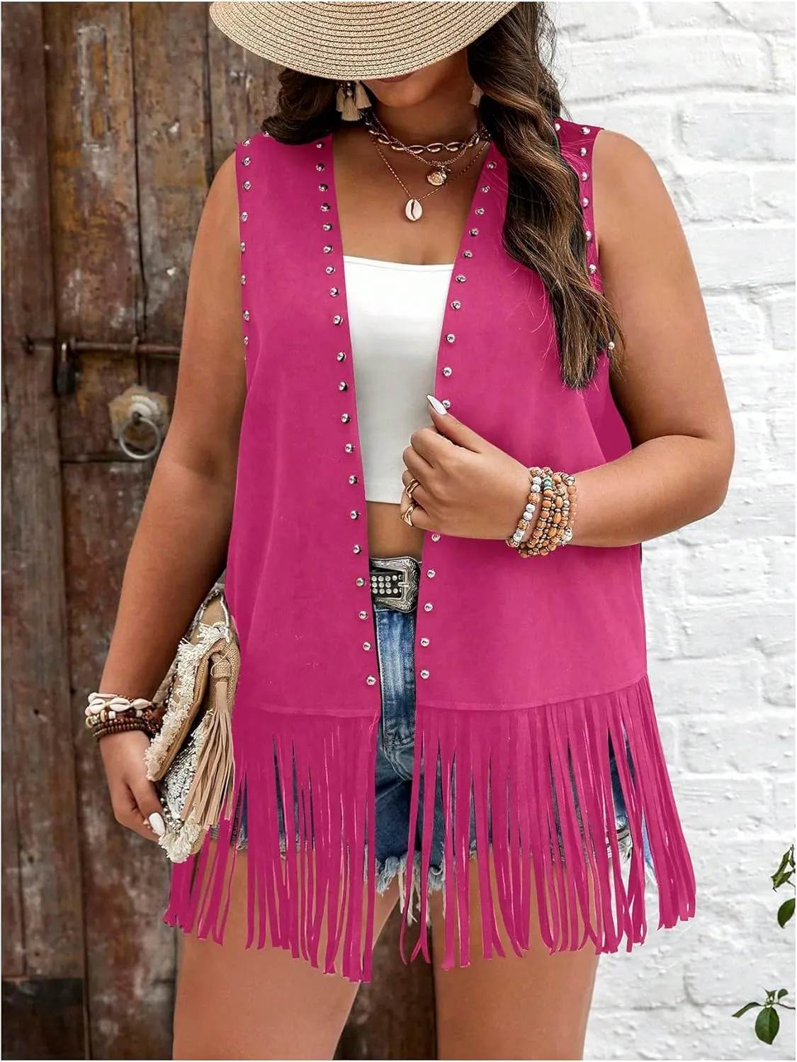 GORGLITTER Women's Plus Size Fringe Vest Cowgirl Western Outfits Rivets Sleeveless Tassel Jacket