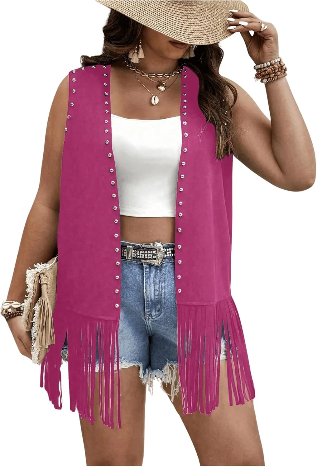 GORGLITTER Women's Plus Size Fringe Vest Cowgirl Western Outfits Rivets Sleeveless Tassel Jacket