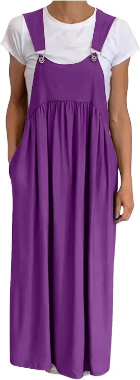 HGps8w Plus Size Cotton Linen Dresses for Women Summer Loose Adjustable Straps Suspender Pinafore Bib Maxi Dress with Pockets