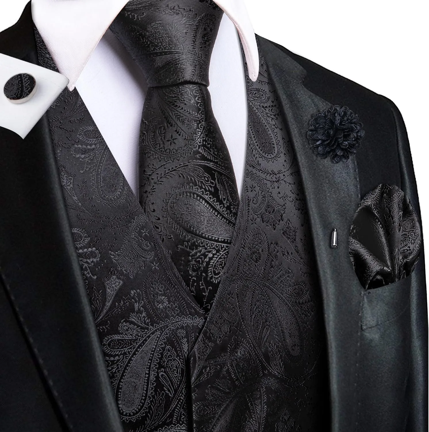 Hi-Tie Men's Suit Vest and Tie Set Formal Waistcoat V-Neck Paisley Vest and Tie Pocket Square Cufflinks Set for Wedding