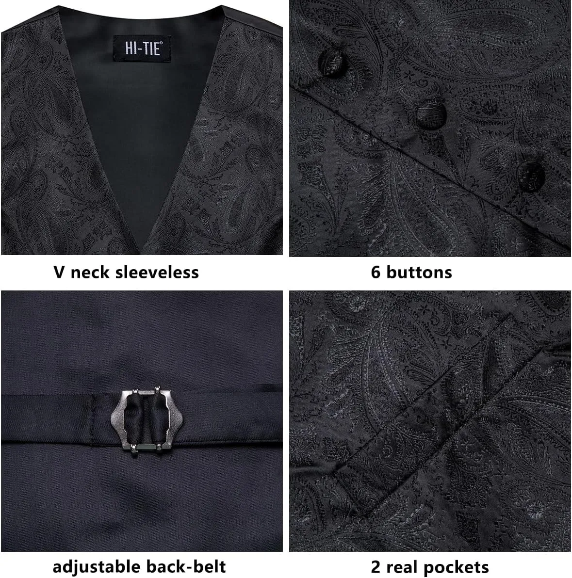 Hi-Tie Men's Suit Vest and Tie Set Formal Waistcoat V-Neck Paisley Vest and Tie Pocket Square Cufflinks Set for Wedding