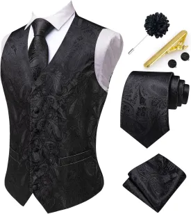 Hi-Tie Men's Suit Vest and Tie Set Formal Waistcoat V-Neck Paisley Vest and Tie Pocket Square Cufflinks Set for Wedding
