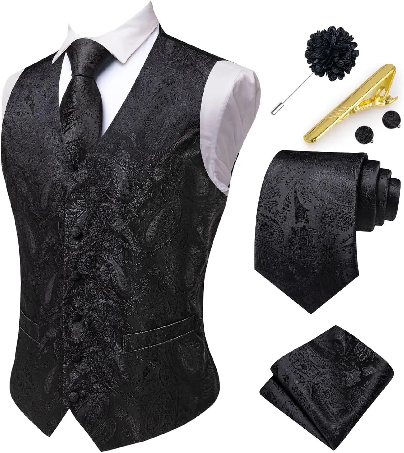 Hi-Tie Men's Suit Vest and Tie Set Formal Waistcoat V-Neck Paisley Vest and Tie Pocket Square Cufflinks Set for Wedding