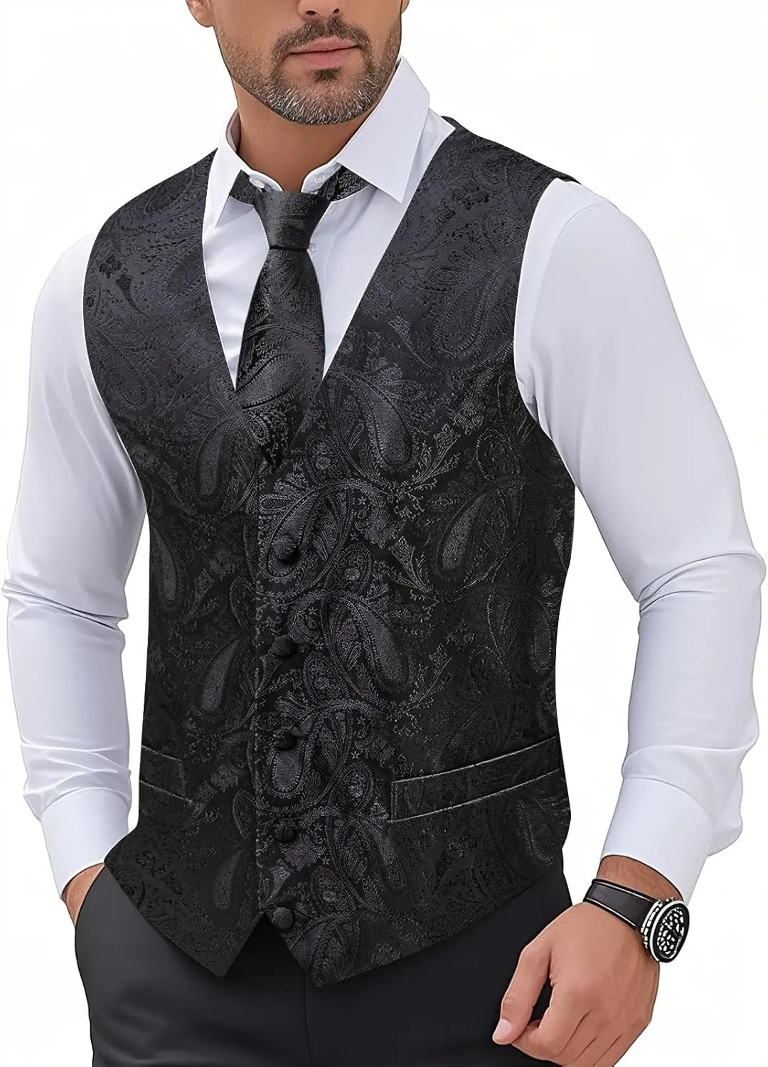 Hi-Tie Men's Suit Vest and Tie Set Formal Waistcoat V-Neck Paisley Vest and Tie Pocket Square Cufflinks Set for Wedding