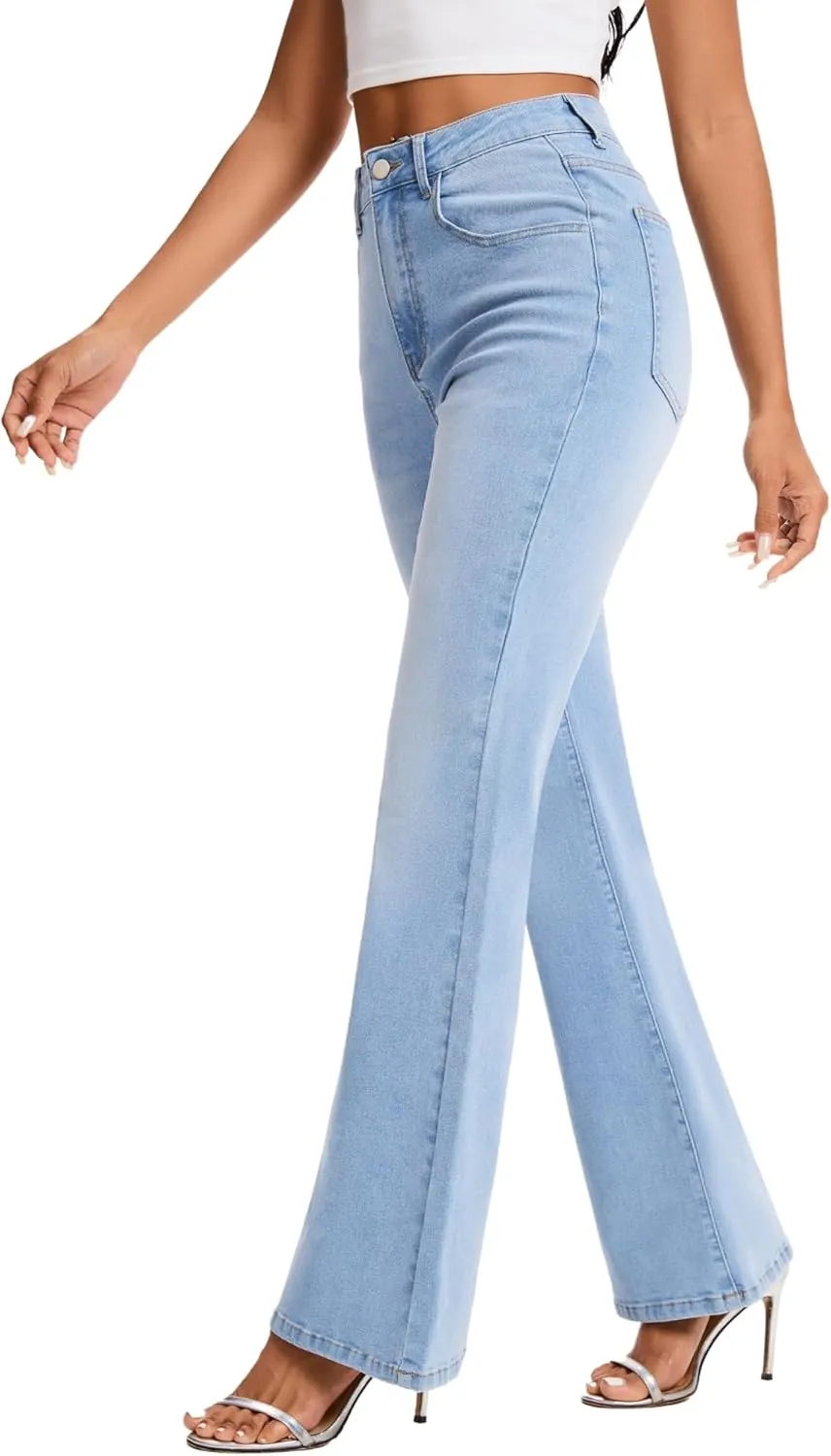 High Waist Flare Jeans for Women Stretchy Vintage Washed Bell Bottom Slim Bootcut Jeans Denim Pants