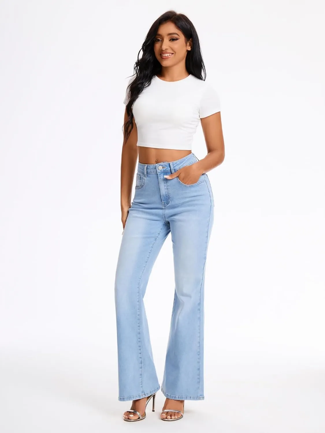 High Waist Flare Jeans for Women Stretchy Vintage Washed Bell Bottom Slim Bootcut Jeans Denim Pants
