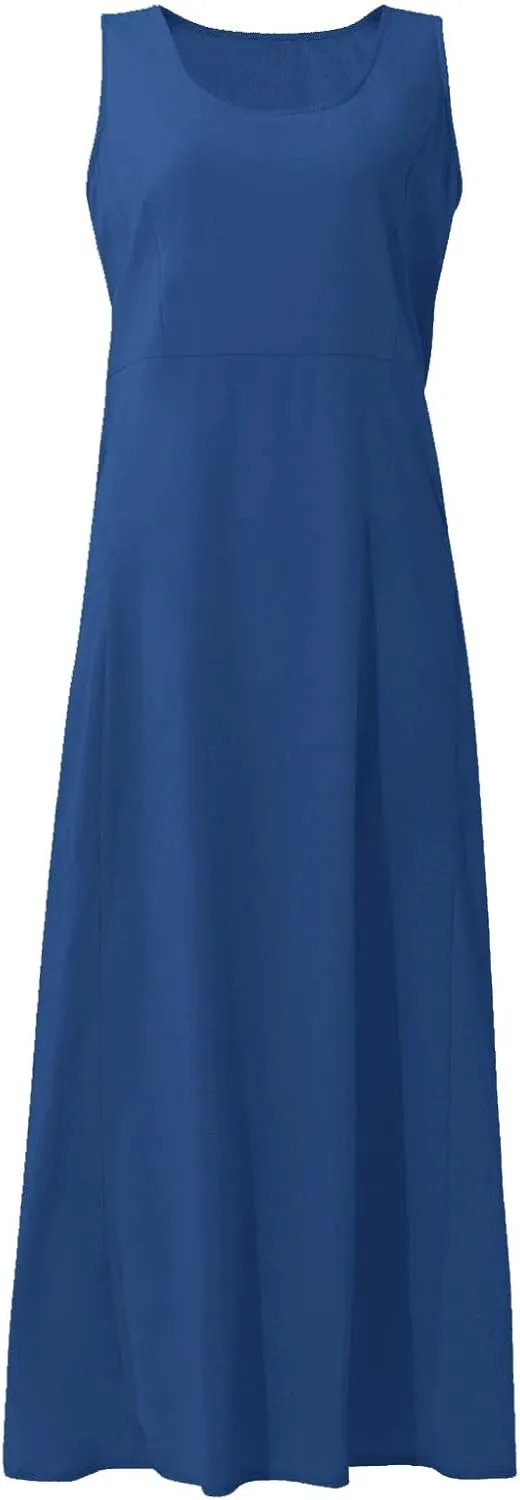 HXHYQKP Dress for Women 2024 Summer Tank Dress Sleeveless Loose Scoop Neck Long Flowy Beach Swing Sundress with Pocket