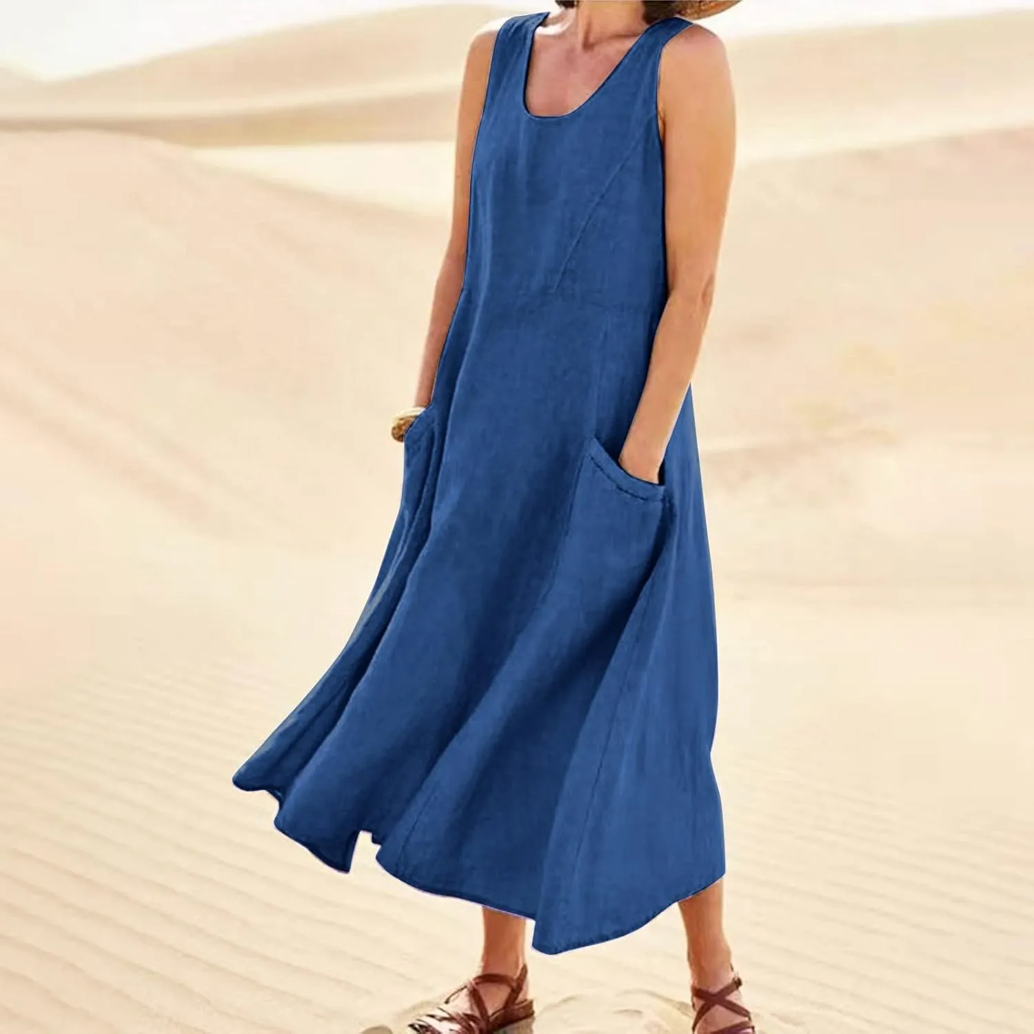 HXHYQKP Dress for Women 2024 Summer Tank Dress Sleeveless Loose Scoop Neck Long Flowy Beach Swing Sundress with Pocket