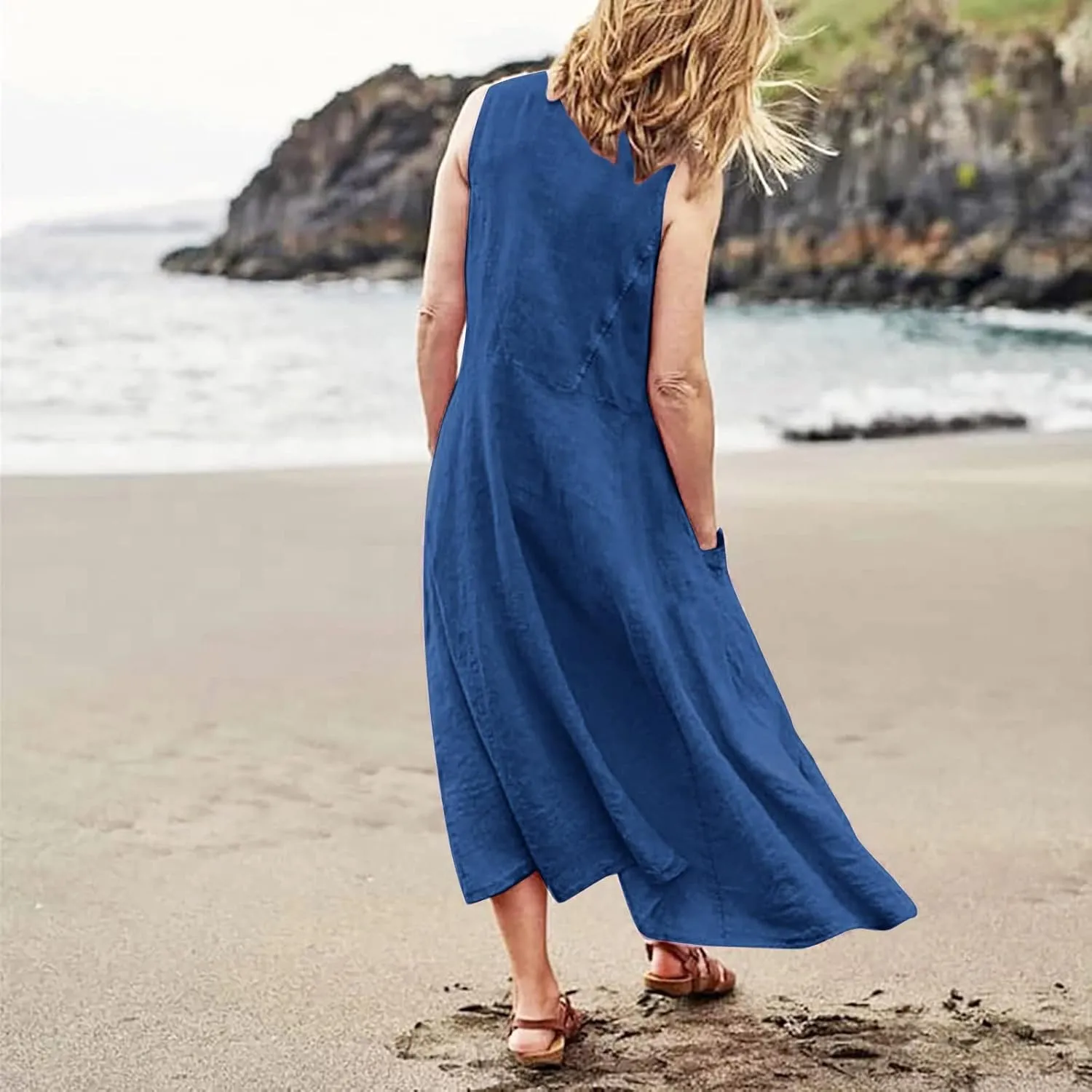 HXHYQKP Dress for Women 2024 Summer Tank Dress Sleeveless Loose Scoop Neck Long Flowy Beach Swing Sundress with Pocket