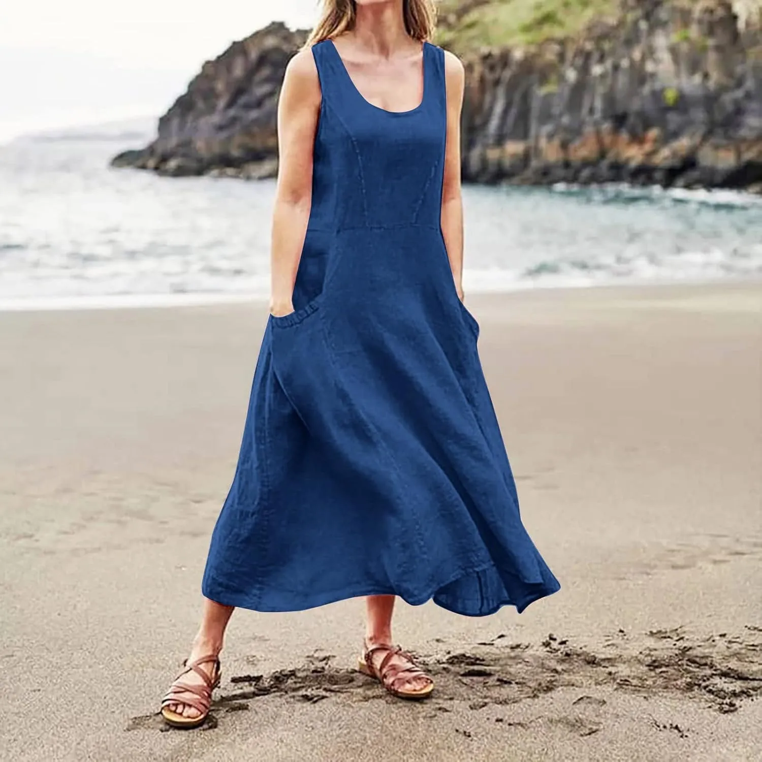 HXHYQKP Dress for Women 2024 Summer Tank Dress Sleeveless Loose Scoop Neck Long Flowy Beach Swing Sundress with Pocket