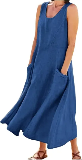 HXHYQKP Dress for Women 2024 Summer Tank Dress Sleeveless Loose Scoop Neck Long Flowy Beach Swing Sundress with Pocket