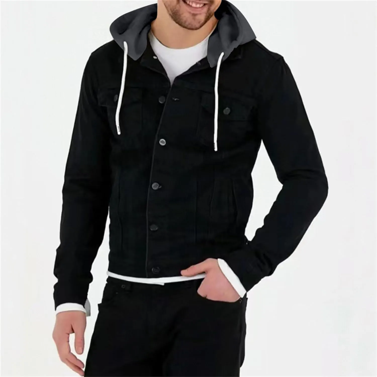 JEKE-DG Men's Hooded Solid Cargo Jean Jacket Fashion Button Up Denim Jacket Classic Casual Trucker Jacket Coat