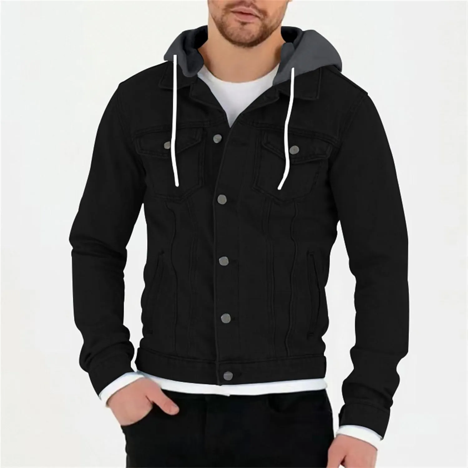 JEKE-DG Men's Hooded Solid Cargo Jean Jacket Fashion Button Up Denim Jacket Classic Casual Trucker Jacket Coat