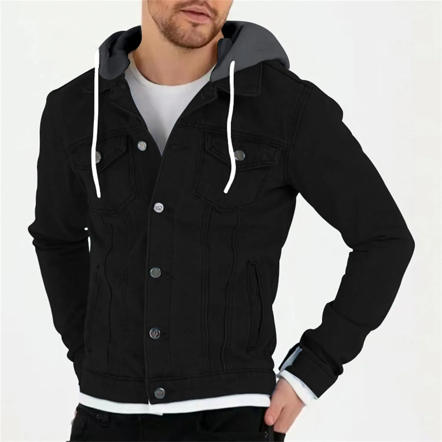 JEKE-DG Men's Hooded Solid Cargo Jean Jacket Fashion Button Up Denim Jacket Classic Casual Trucker Jacket Coat