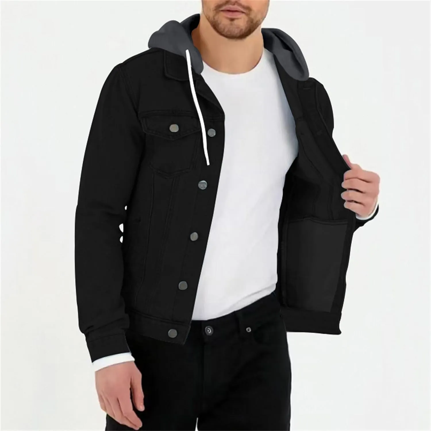 JEKE-DG Men's Hooded Solid Cargo Jean Jacket Fashion Button Up Denim Jacket Classic Casual Trucker Jacket Coat