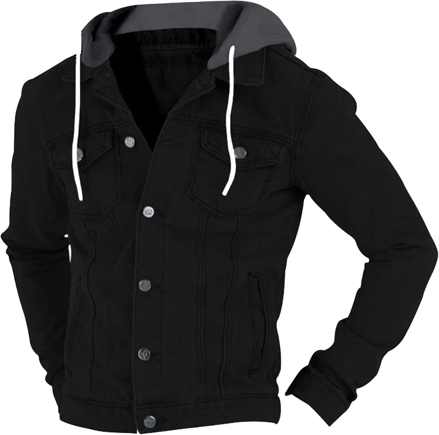 JEKE-DG Men's Hooded Solid Cargo Jean Jacket Fashion Button Up Denim Jacket Classic Casual Trucker Jacket Coat