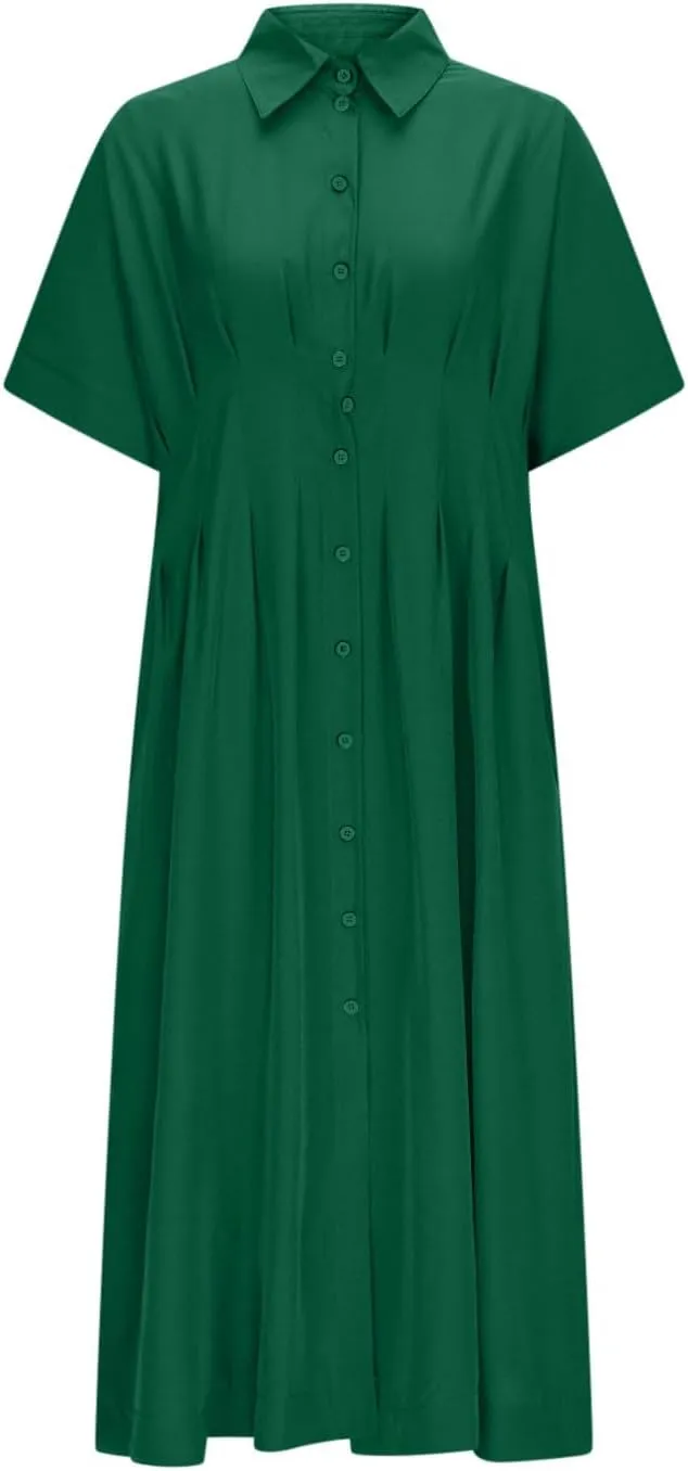 JOAU Women V Neck Button Down Front Pleated Shirt Midi Dress Summer Short Sleeve Lapel Collar A-Line Beach Vacation Dresses