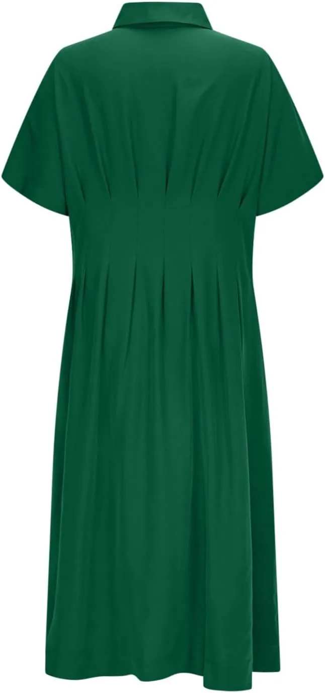 JOAU Women V Neck Button Down Front Pleated Shirt Midi Dress Summer Short Sleeve Lapel Collar A-Line Beach Vacation Dresses