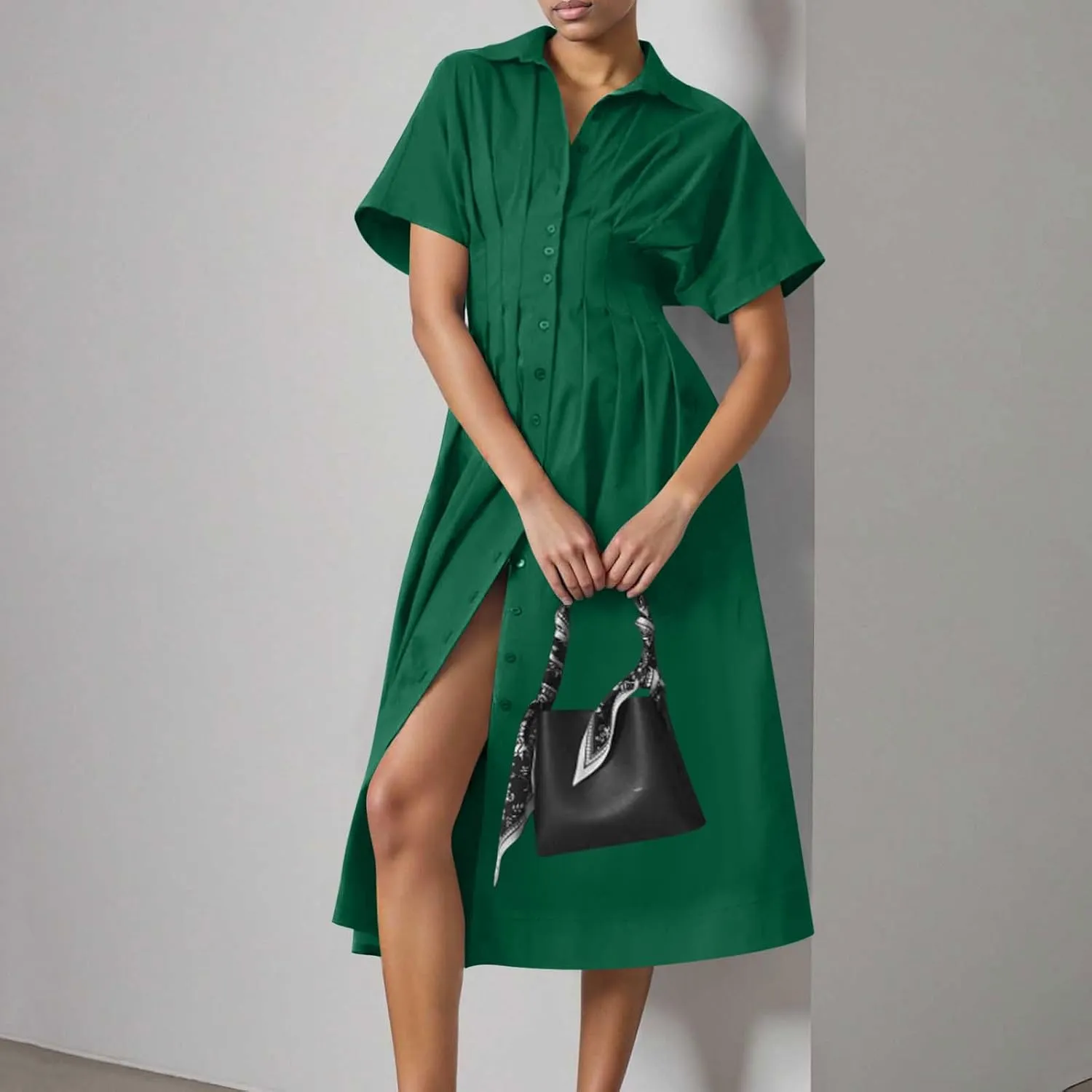 JOAU Women V Neck Button Down Front Pleated Shirt Midi Dress Summer Short Sleeve Lapel Collar A-Line Beach Vacation Dresses