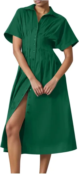 JOAU Women V Neck Button Down Front Pleated Shirt Midi Dress Summer Short Sleeve Lapel Collar A-Line Beach Vacation Dresses