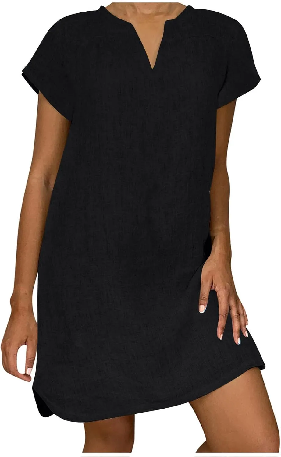 JOAU Womens Cotton Linen Shirt Dress Summer Casual Short Sleeve Notched V Neck Beach Cover Up Knee Length Vacation Dresses