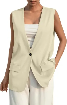 KIKX0DE Women Fall Fashion Sleeveless Blazer Jackets Lightweight Single Button Waistcoat Open Front Work Office Vest Top