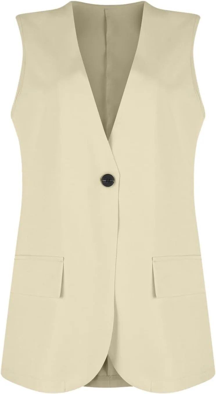 KIKX0DE Women Fall Fashion Sleeveless Blazer Jackets Lightweight Single Button Waistcoat Open Front Work Office Vest Top