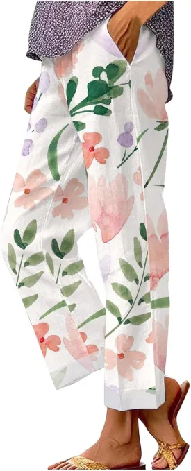 Linen Pants Women Pocket Floral Cotton Linen Casual Pants Flowy Wide Leg Beach Pants with Pockets High Waist Linen