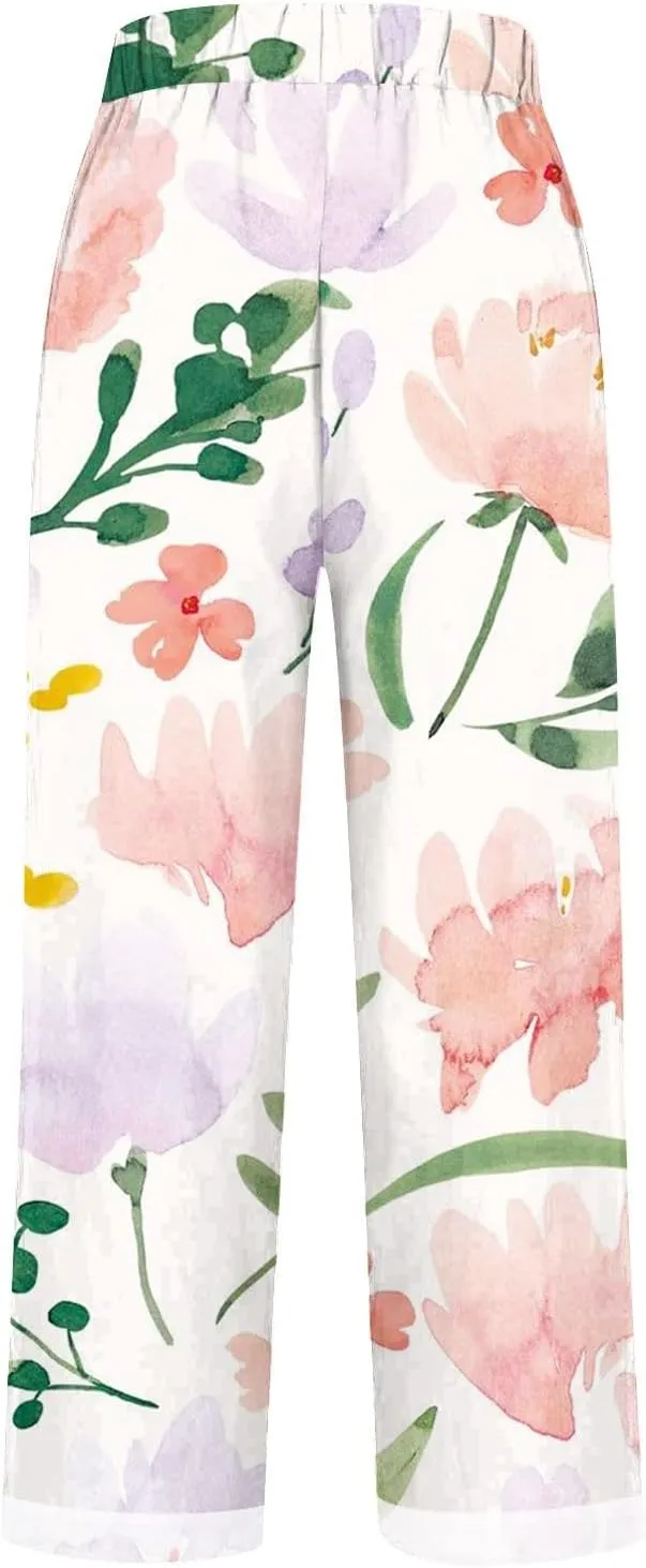 Linen Pants Women Pocket Floral Cotton Linen Casual Pants Flowy Wide Leg Beach Pants with Pockets High Waist Linen