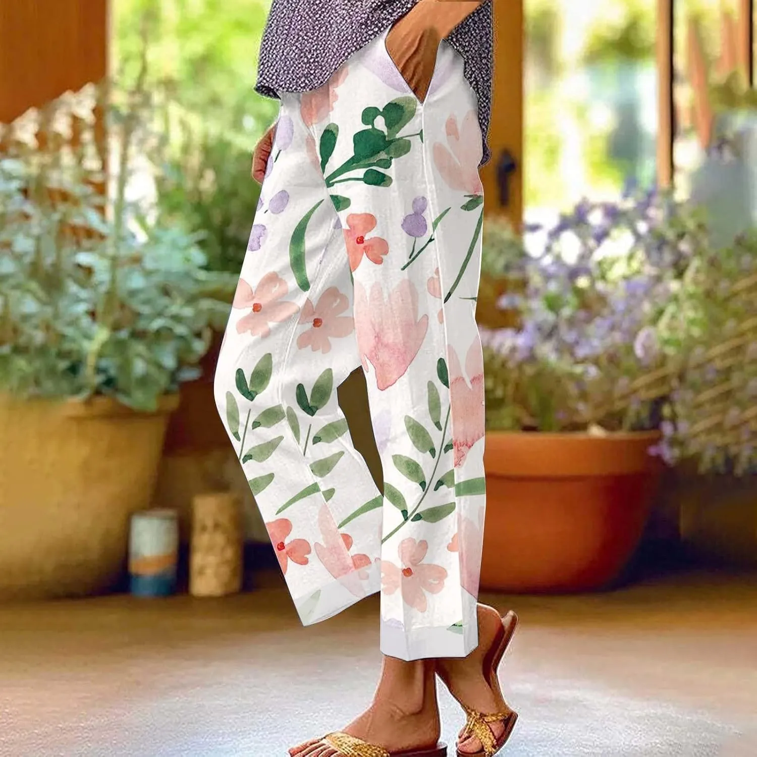 Linen Pants Women Pocket Floral Cotton Linen Casual Pants Flowy Wide Leg Beach Pants with Pockets High Waist Linen