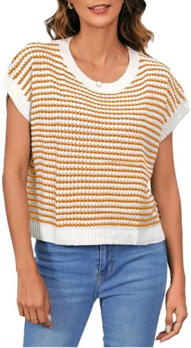 MakeMeChic Women's Striped Knit Vest Tops Short Sleeve Sweater Vest Tank Top