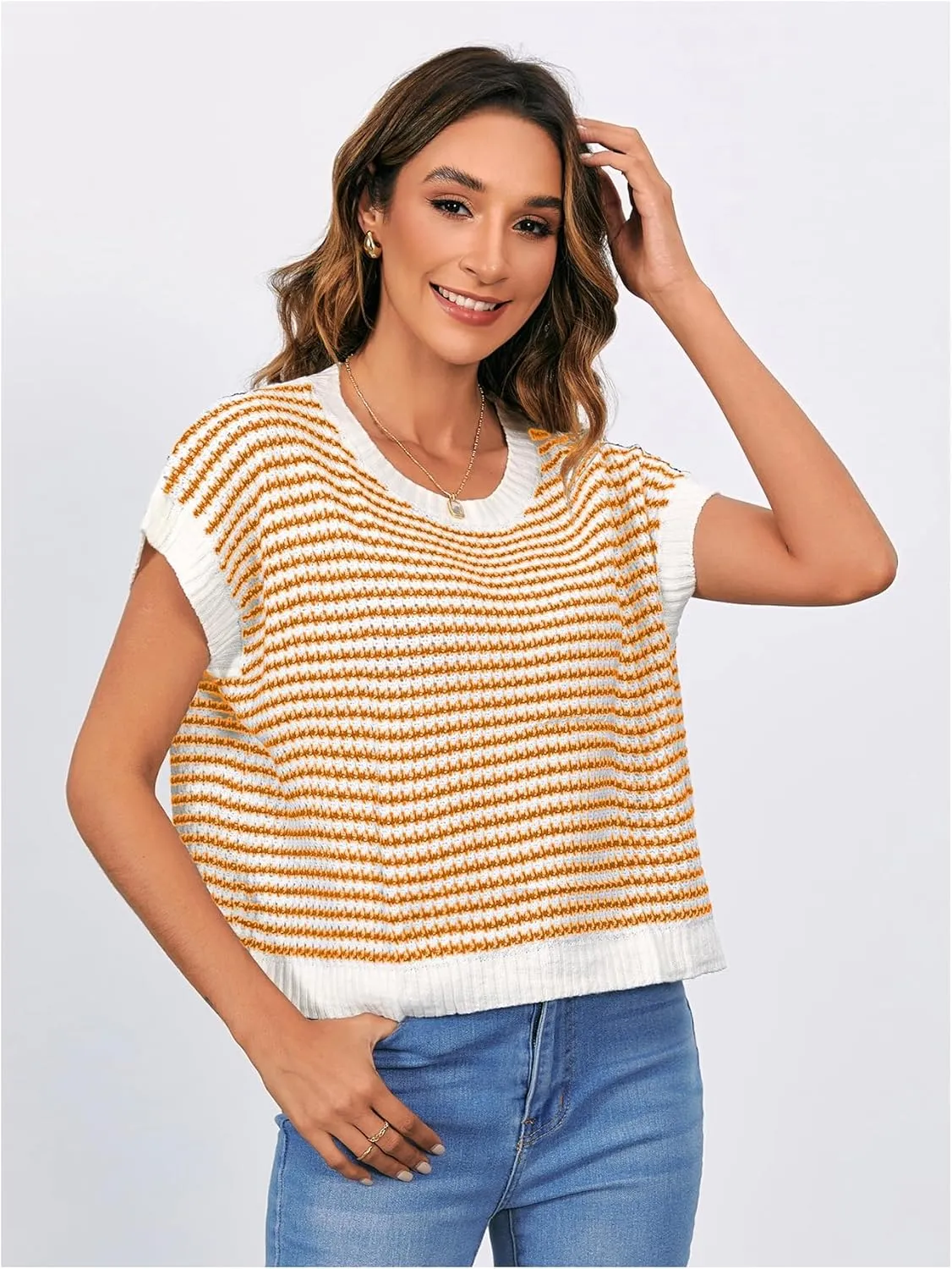 MakeMeChic Women's Striped Knit Vest Tops Short Sleeve Sweater Vest Tank Top