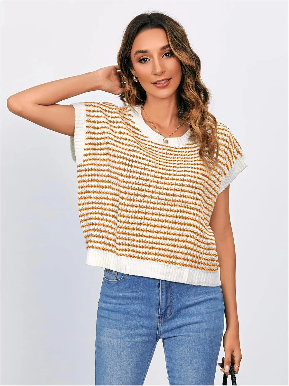 MakeMeChic Women's Striped Knit Vest Tops Short Sleeve Sweater Vest Tank Top