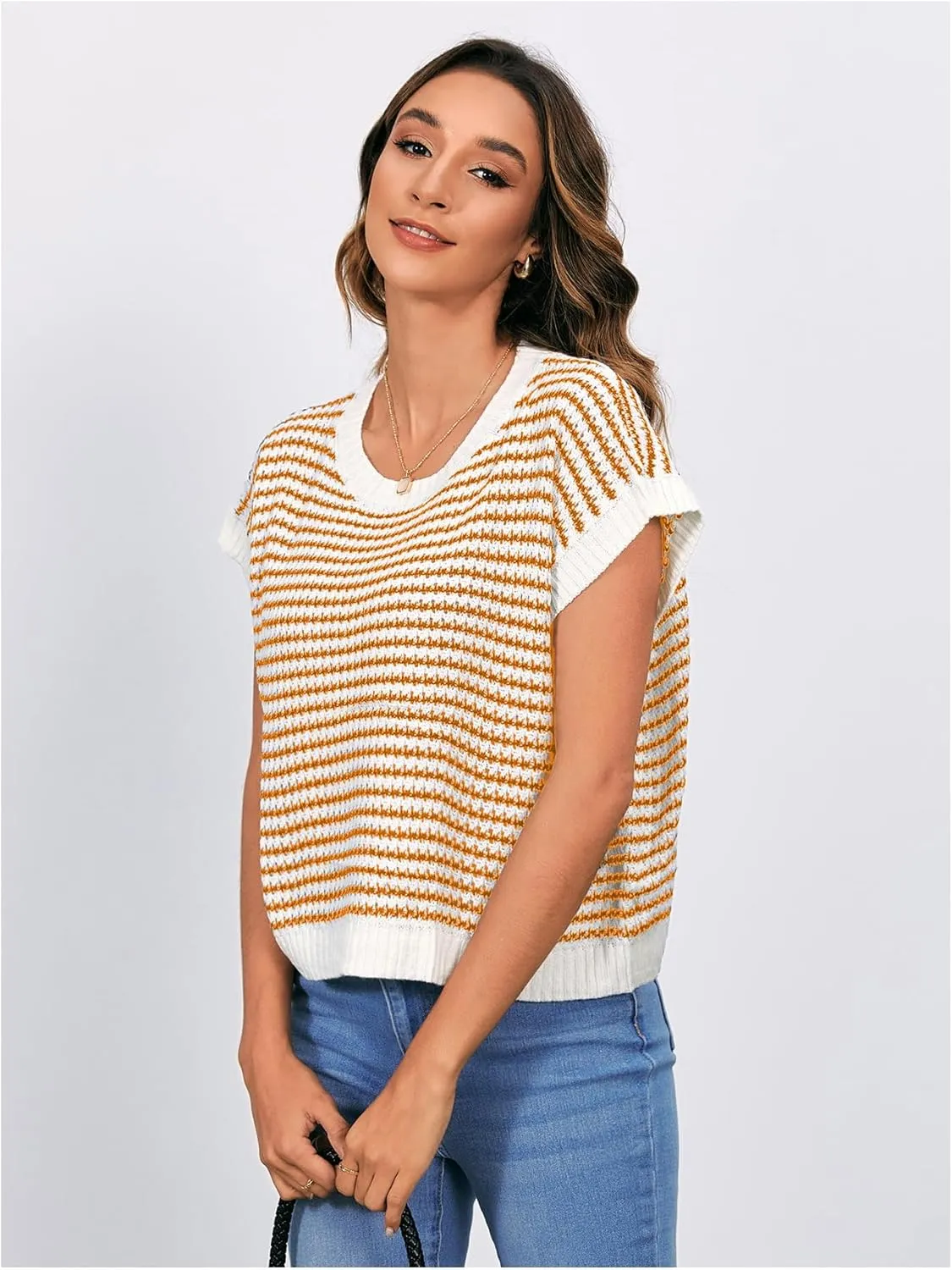 MakeMeChic Women's Striped Knit Vest Tops Short Sleeve Sweater Vest Tank Top