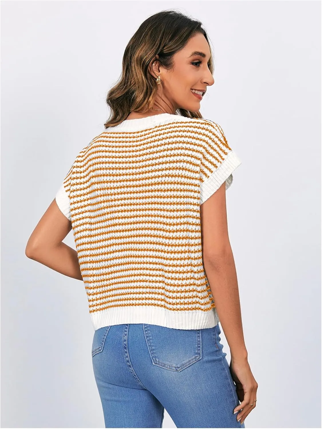MakeMeChic Women's Striped Knit Vest Tops Short Sleeve Sweater Vest Tank Top