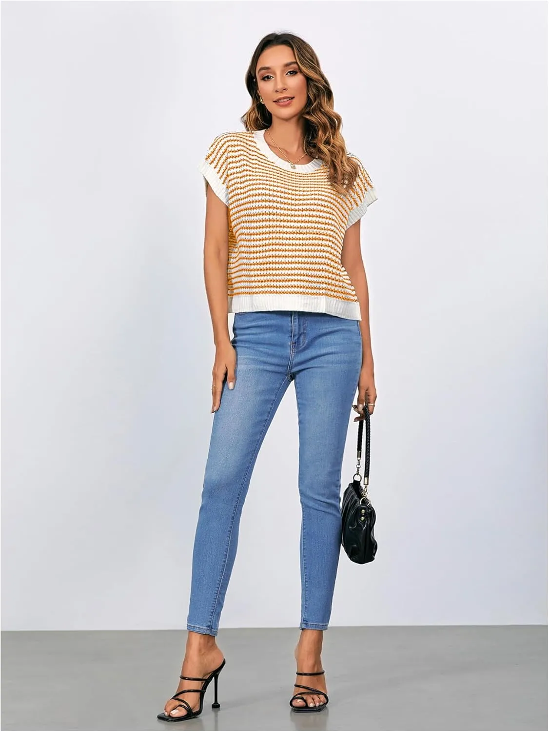 MakeMeChic Women's Striped Knit Vest Tops Short Sleeve Sweater Vest Tank Top