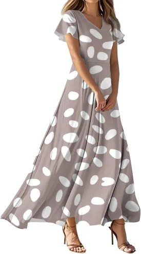 Maxi Dresses for Women,2025 Summer Elegant V Neck Short Sleeve Floral Beach Dress,Flowy Ruched Boho Vacation Dress