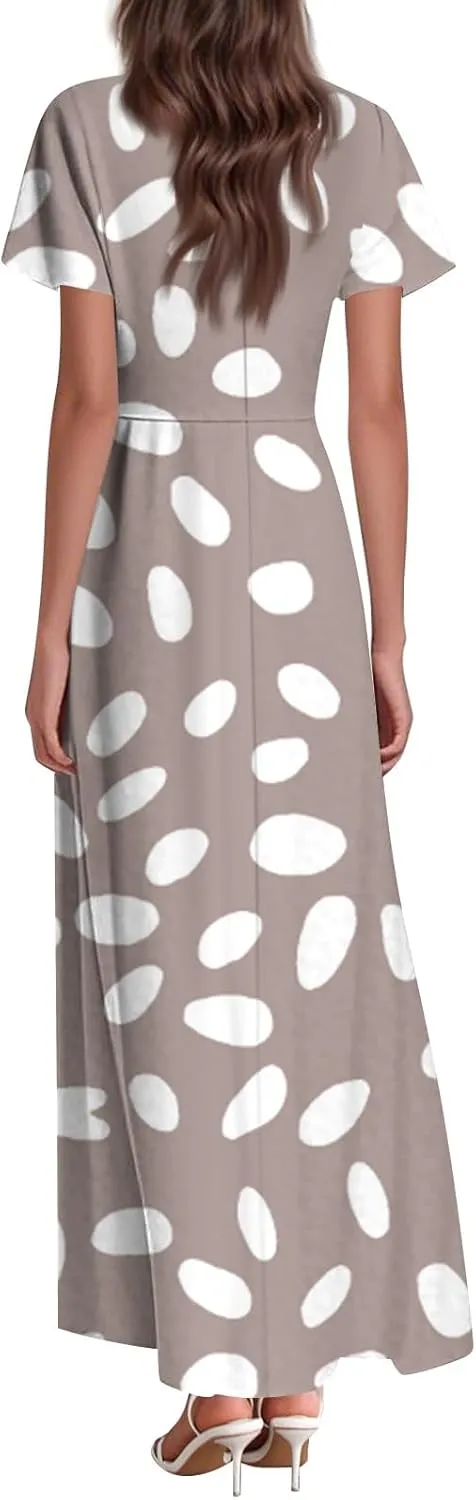 Maxi Dresses for Women,2025 Summer Elegant V Neck Short Sleeve Floral Beach Dress,Flowy Ruched Boho Vacation Dress