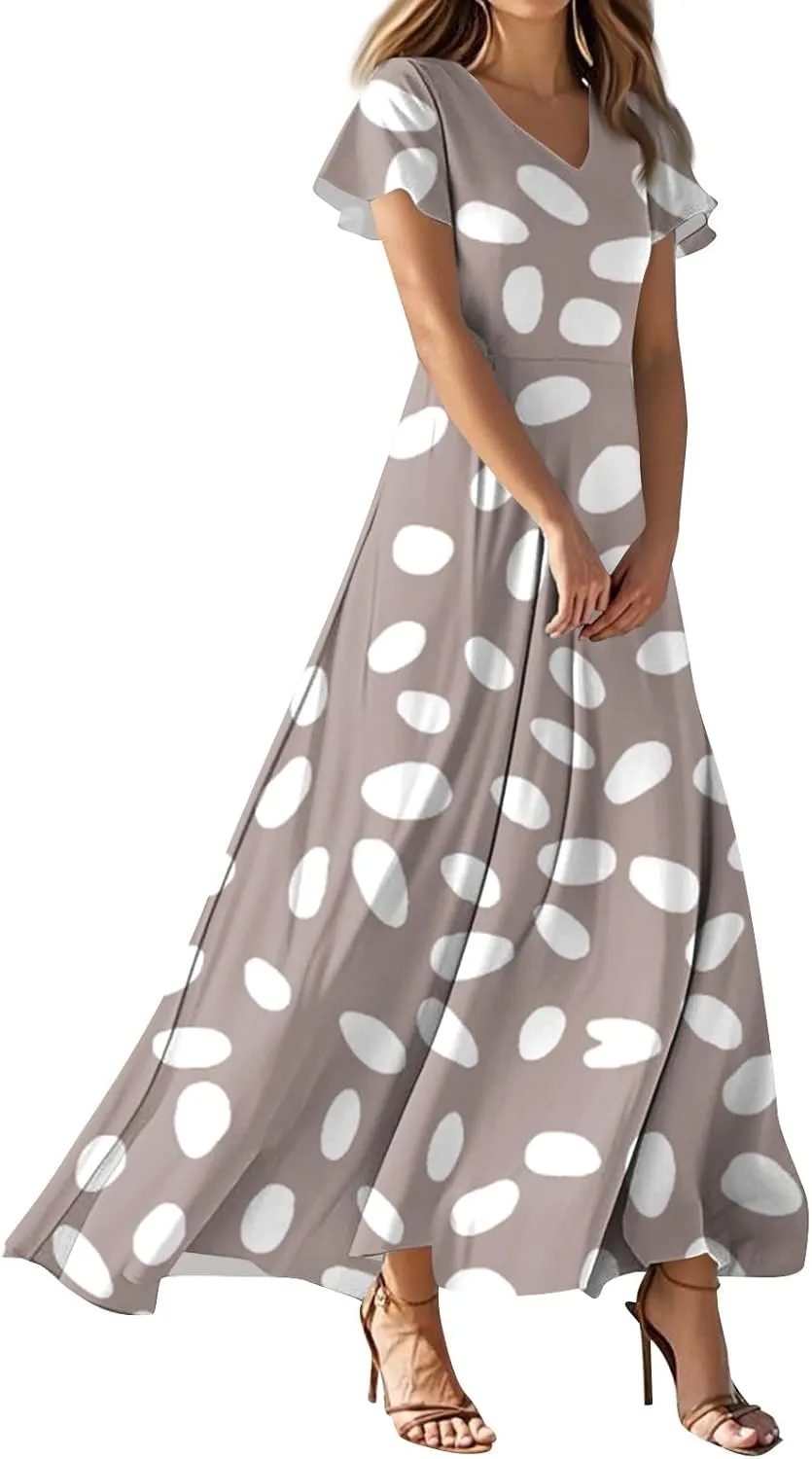 Maxi Dresses for Women,2025 Summer Elegant V Neck Short Sleeve Floral Beach Dress,Flowy Ruched Boho Vacation Dress
