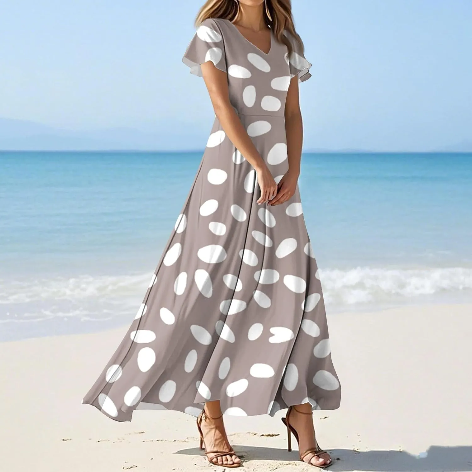 Maxi Dresses for Women,2025 Summer Elegant V Neck Short Sleeve Floral Beach Dress,Flowy Ruched Boho Vacation Dress