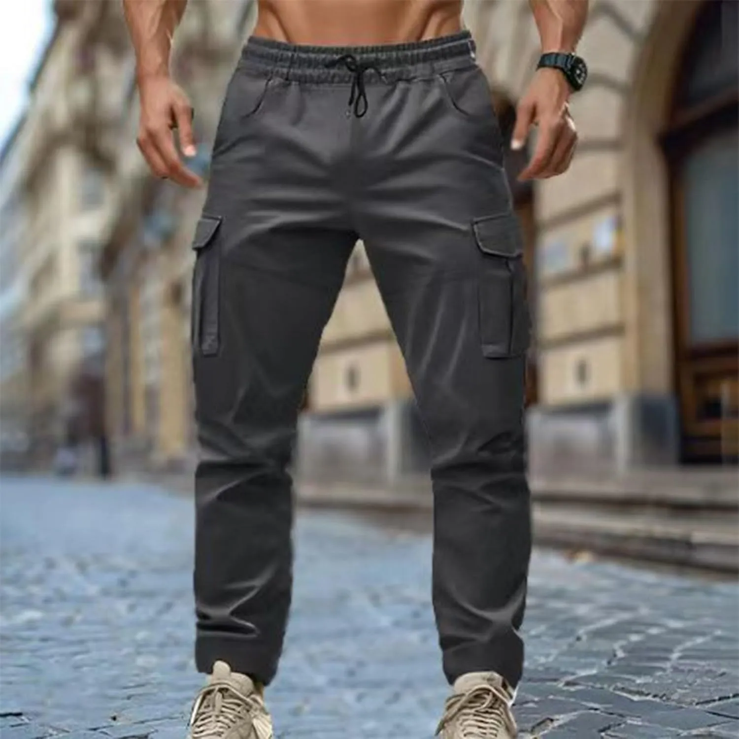 Men's Cargo Pant Elastic Drawstring Waist Straight Leg Pants with Pockets Casual Water Resistant Tapered Trousers