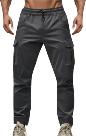 Men's Cargo Pant Elastic Drawstring Waist Straight Leg Pants with Pockets Casual Water Resistant Tapered Trousers