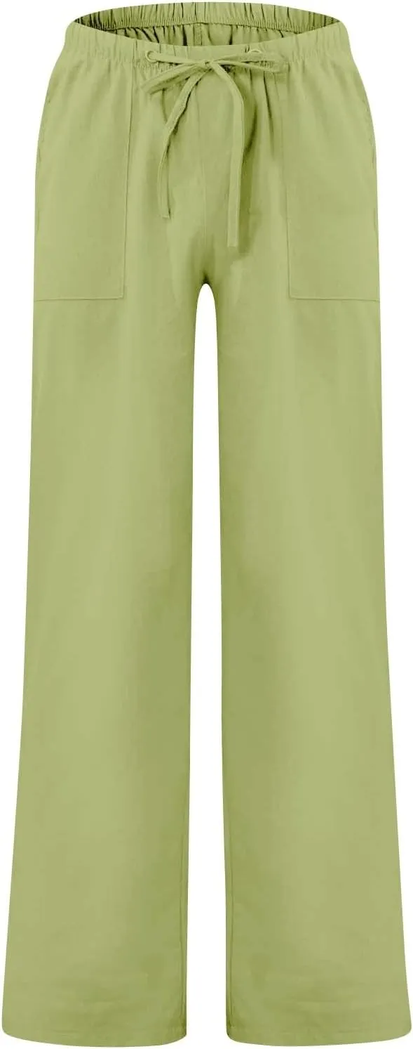 Mens Casual Cotton Linen Pants Elastic Waist Linen Pants Drawstring Summer Beach Yoga Soft Trouser