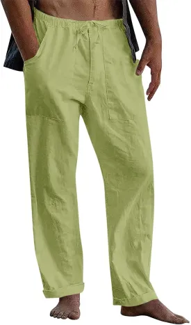 Mens Casual Cotton Linen Pants Elastic Waist Linen Pants Drawstring Summer Beach Yoga Soft Trouser
