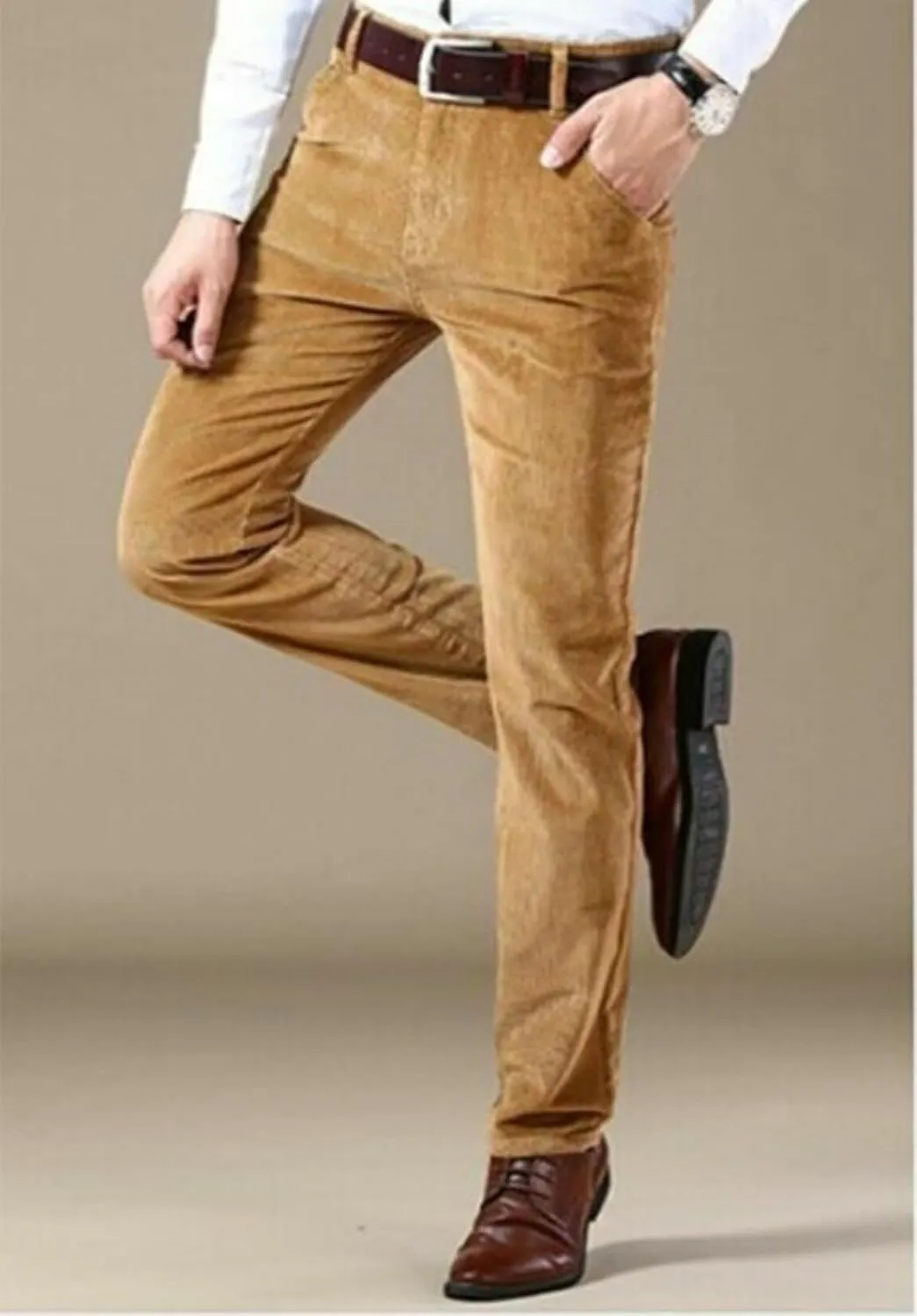 Men's Corduroy Formal Trousers Slim Fit Regular Suit Pants