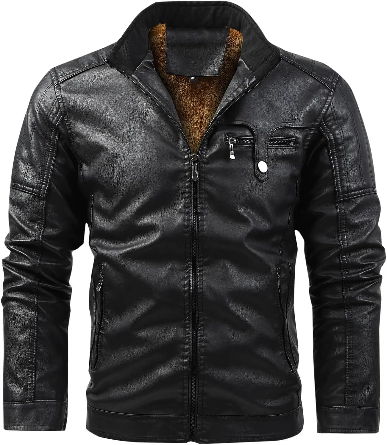 Mens Leather Jacket Fleece Lined Motorcycle Jacket Stand Collar Moto Jacket Vintage Faux Leather Jacket Warm Coats