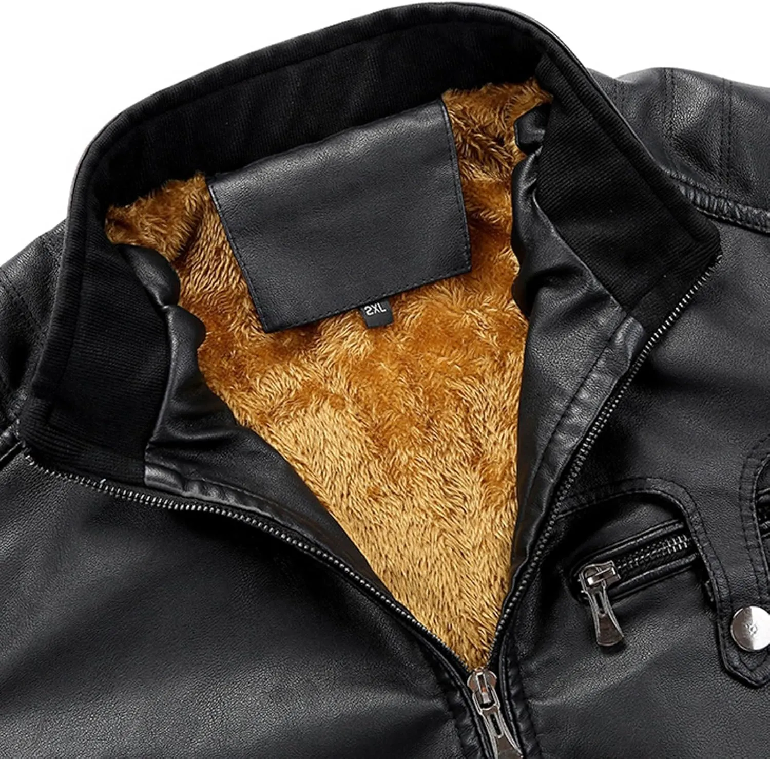 Mens Leather Jacket Fleece Lined Motorcycle Jacket Stand Collar Moto Jacket Vintage Faux Leather Jacket Warm Coats