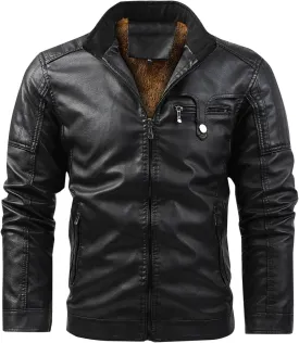 Mens Leather Jacket Fleece Lined Motorcycle Jacket Stand Collar Moto Jacket Vintage Faux Leather Jacket Warm Coats