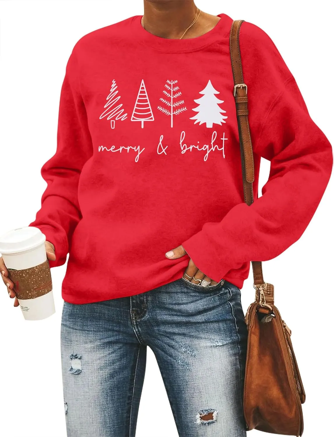 Merry Bright Sweatshirts Women Christmas Trees Sweatshirt Cute Xmas Gift Long Sleeve Shirt Pullover Tops